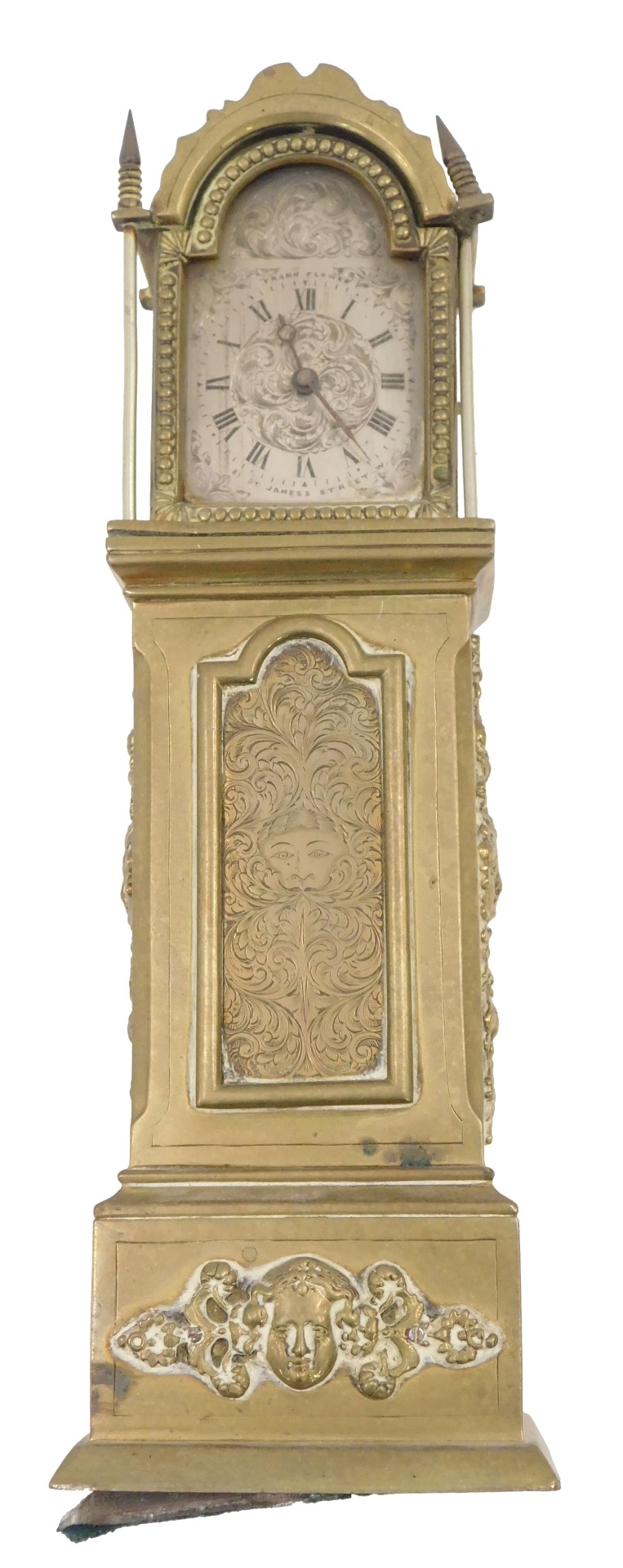 A miniature brass longcase clock, the silvered dial stamped Frank Flower, 31 St James's Street W, th