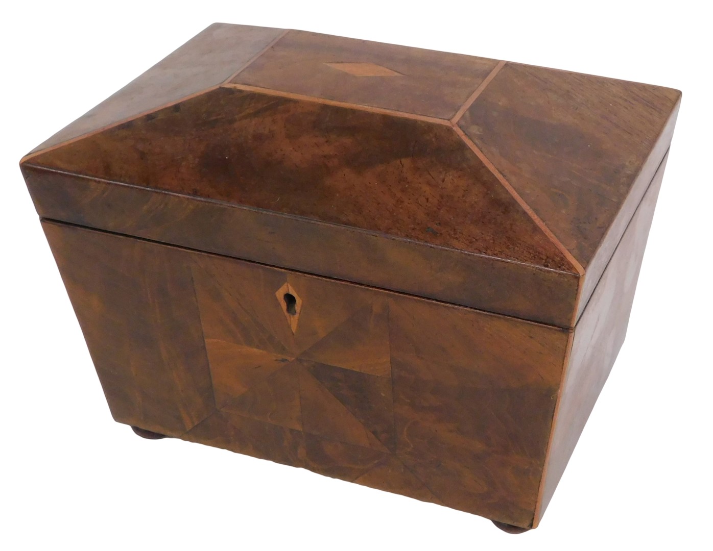 A Victorian rosewood sarcophagus shaped tea caddy, the hinged lid inset with a coloured print and wi