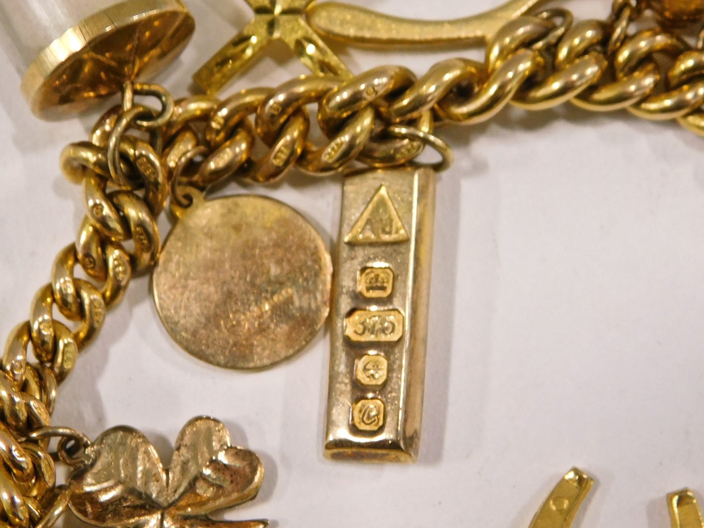 A 9ct gold charm bracelet, the curb link bracelet with safety chain and heart shaped padlock, variou - Image 2 of 4