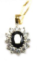 A pendant and chain, the floral cluster pendant set with imitation sapphire and diamond, 2cm high, o