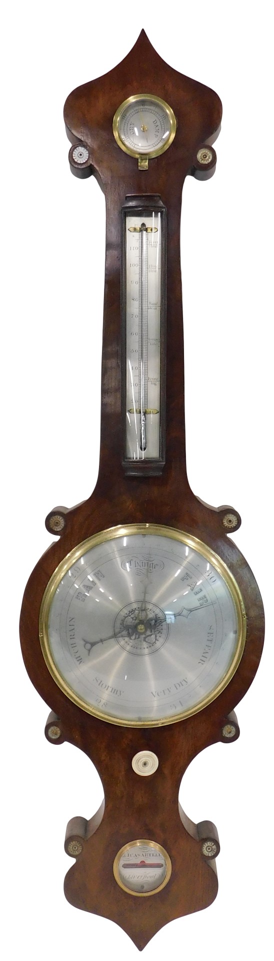 A 19thC figured mahogany wheel barometer, stamped A&J Casartelli, Liverpool, with silvered dial and