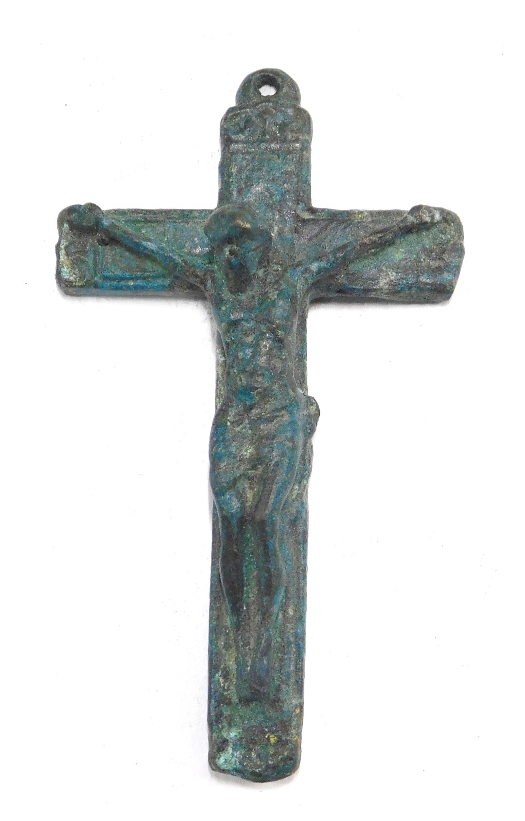 An architectural bronze crucifix, of Jesus mounted on cross, possibly 16th or 17thC, 8cm high.