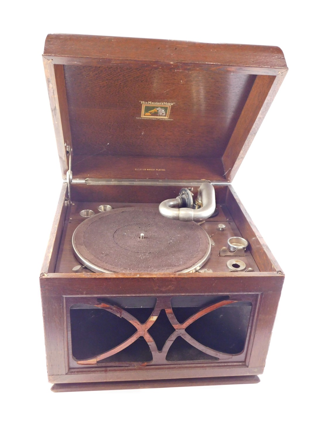 A His Master's Voice table top gramophone, in oak case, 45cm wide.