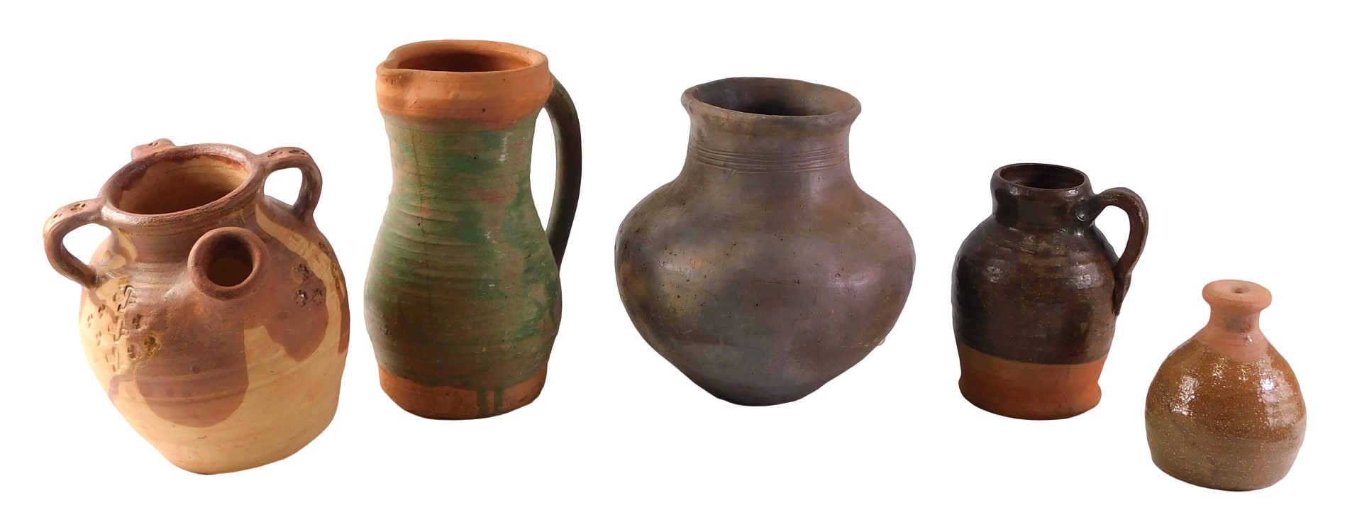 Four items of studio pottery, comprising replica medieval pottery jugs, the largest 25cm high, and a