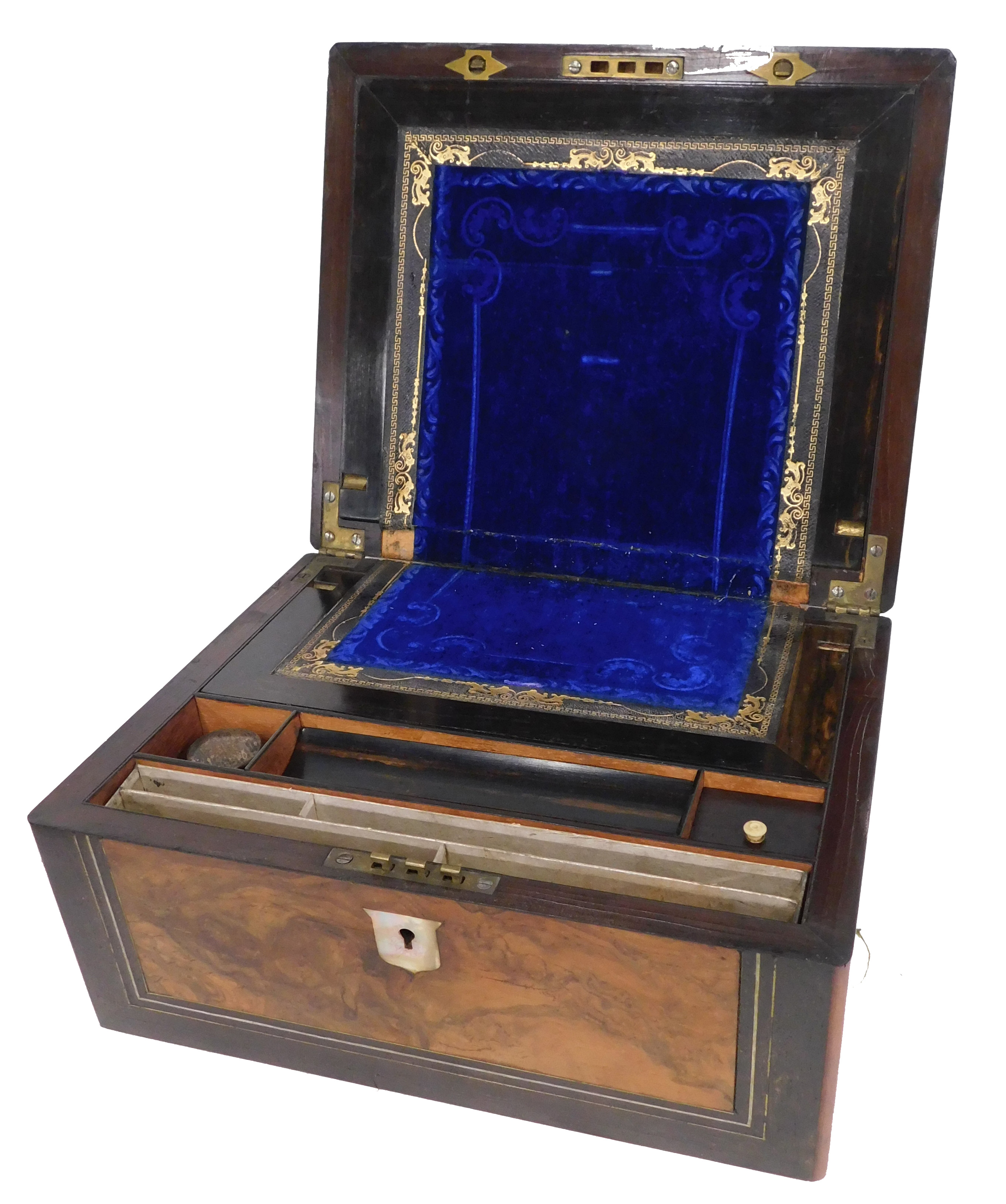 A Victorian walnut and ebonised writing slope, the rectangular top with vacant mother of pearl carto