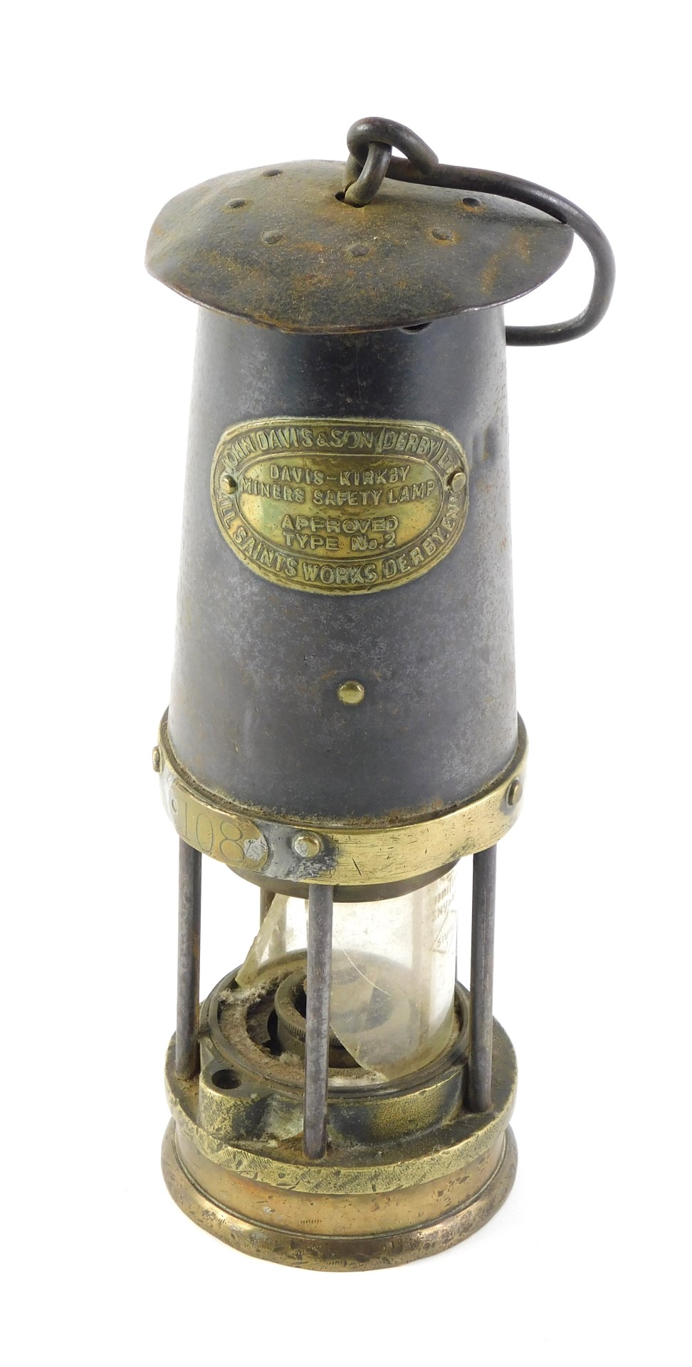 A John Davis & Son of Derby mining safety lamp, type 2, 26cm high. (Glass AF)