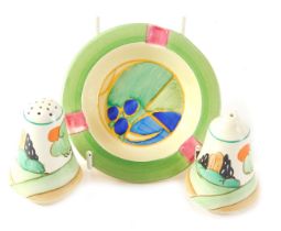 Clarice Cliff wares, comprising a Bizarre by Clarice Cliff painted ashtray, 12cm diameter, and a pai