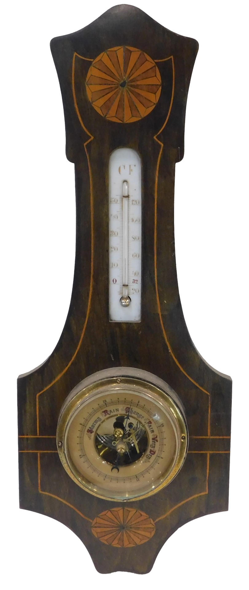 An Edwardian inlaid and stained wood aneroid barometer, with opaque glass thermometer, 49cm high.
