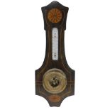 An Edwardian inlaid and stained wood aneroid barometer, with opaque glass thermometer, 49cm high.