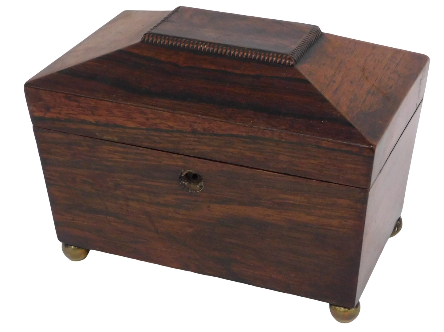 A Victorian rosewood sarcophagus shaped tea caddy, the hinged lid enclosing two lidded divisions, 20