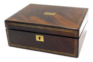 A 19thC mahogany and brass strong writing box, the hinged lid engraved with a rectangular plaque J P
