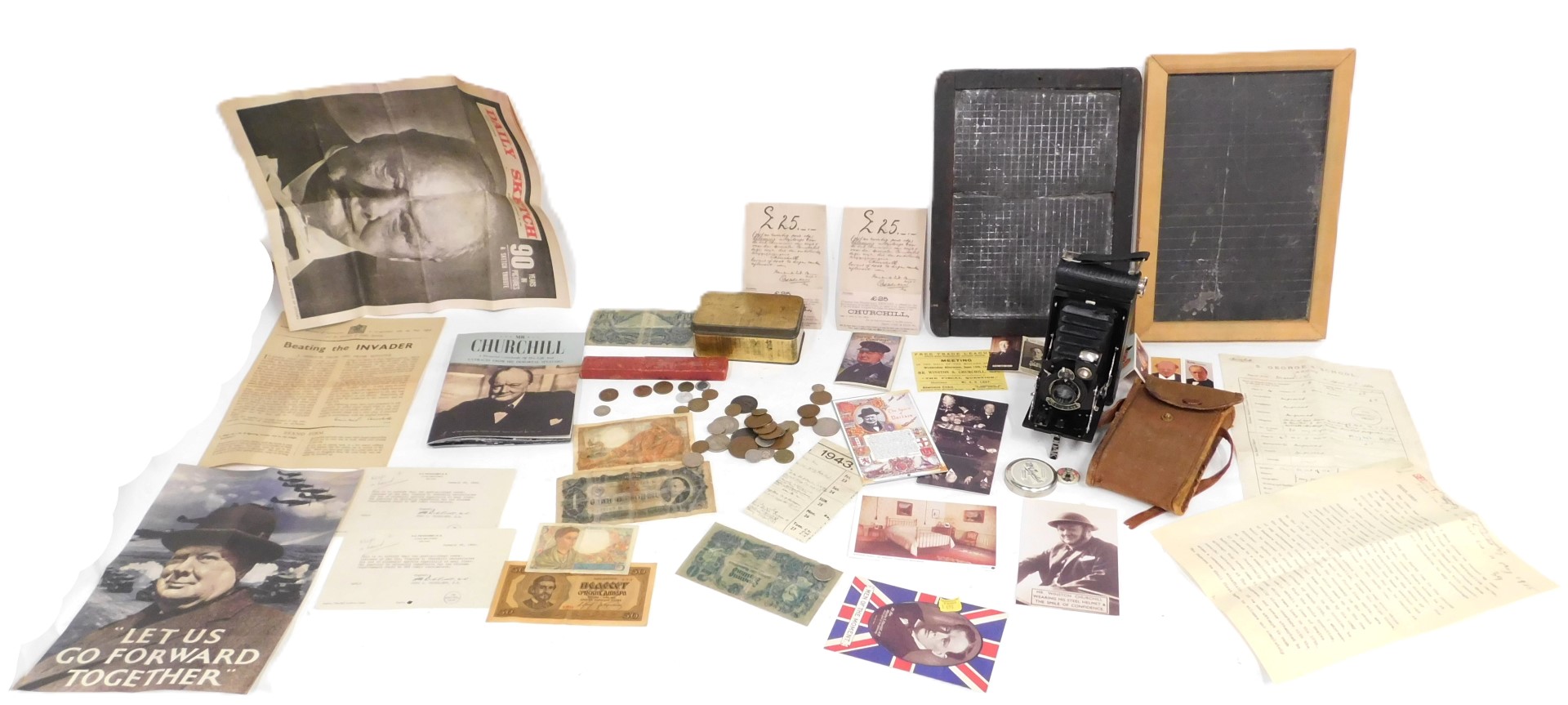 A group of early 20thC reproduction ephemera, comprising Churchill pin badges, Churchill memorabilia