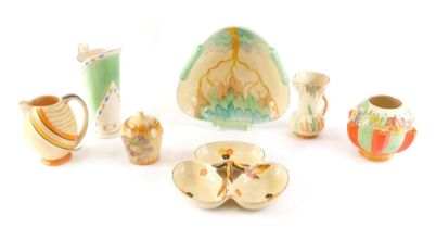 A collection of Art Deco ceramics, to include a Wade Heath flower bowl, Myott hors d'oeuvres dish, W