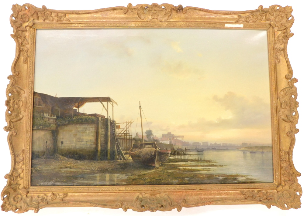 20thC School. Harbour at low tide, oil on canvas, signed, 59cm x 89cm. - Bild 2 aus 4