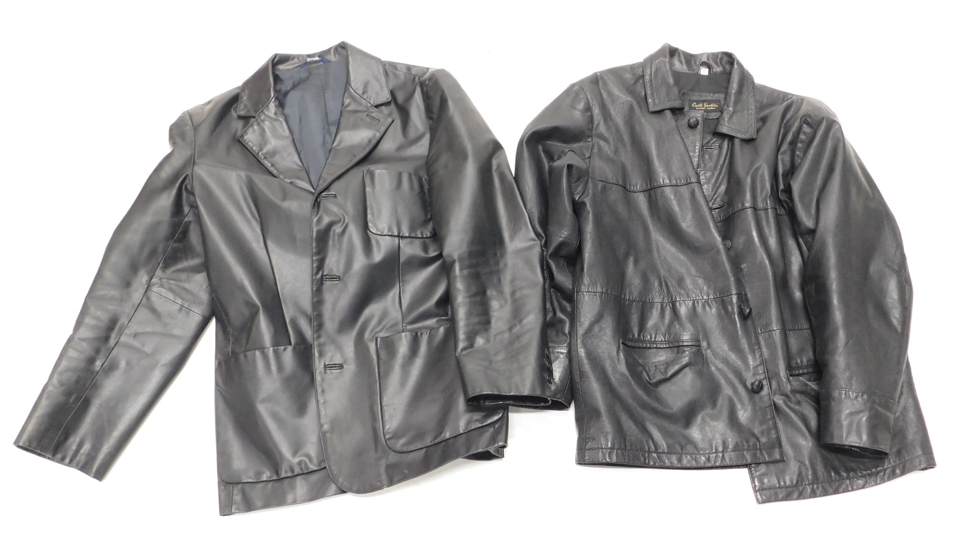 A GAP black leather jacket, size medium, and a Carlo Santini black leather jacket, size 40. (2)