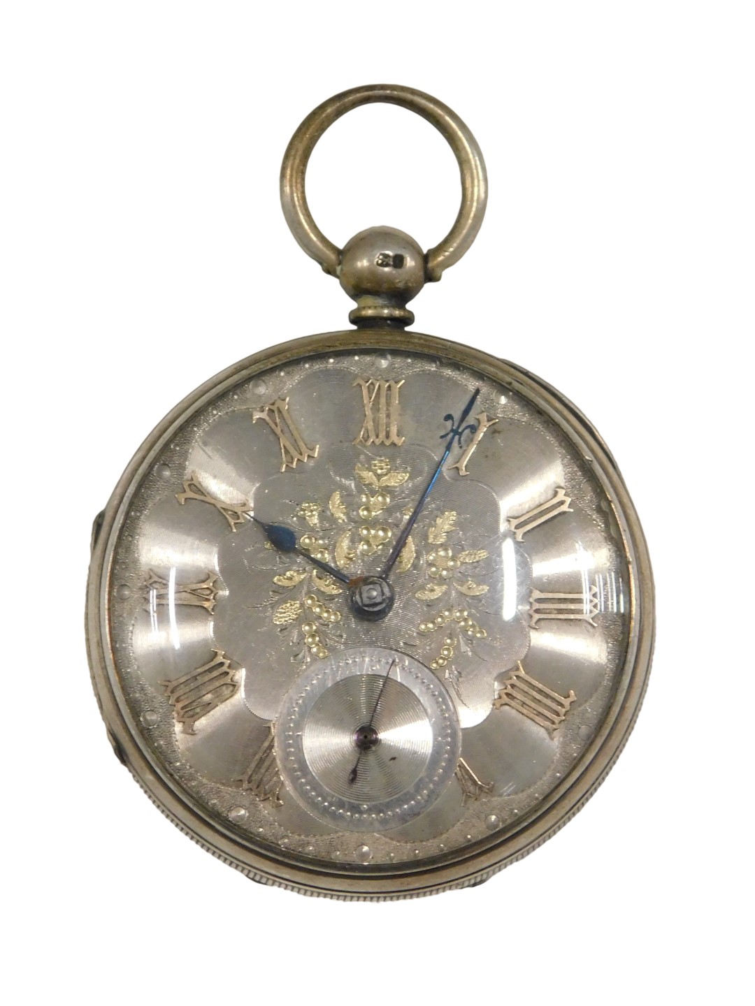 A 19thC silver pocket watch, the silvered Roman numeric dial, with gold and rose gold markers and fl