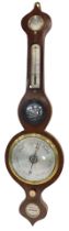 A 19thC mahogany wheel barometer, with silvered dial and thermometer, 97cm high.