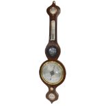 A 19thC mahogany wheel barometer, with silvered dial and thermometer, 97cm high.