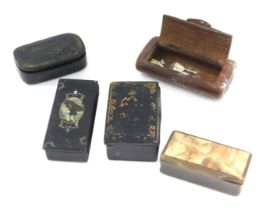 Three 19thC and two later papier mache snuff boxes, comprising The Thatcher, a horn snuff and a gilt