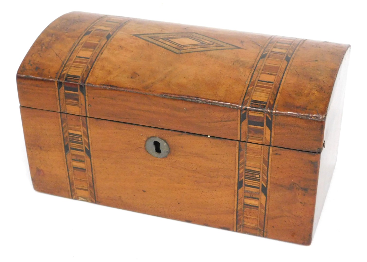 A Victorian walnut and parquetry dome topped tea caddy, interior incomplete, 22cm wide.