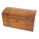 A Victorian walnut and parquetry dome topped tea caddy, interior incomplete, 22cm wide.