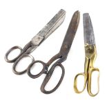 A collection of tailor's scissors or shears, with steel blades, one with brass handle. (3)