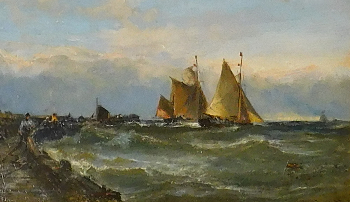Edwin Hayes (1819/29-1904). North Sea trawlers leaving at Yarmouth Harbour, oil on board, signed and