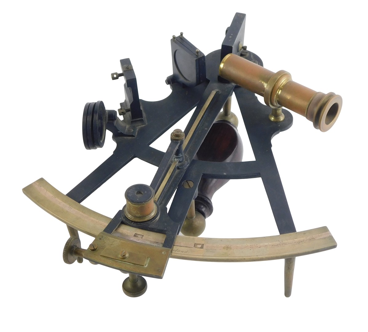 A brass and ebonised sextant by Reed & Co of Sunderland, with turned rosewood handle, in a fitted ca
