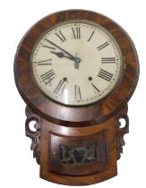 A 19thC walnut drop dial wall clock, with cream dial with Roman numerals, in pine case with eight da