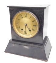 A 19thC black slate mantel clock, with a gold finish Roman numeric dial, on a stepped and out splaye