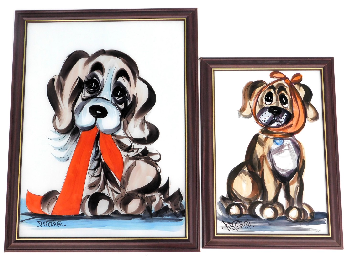 Beccafichi (20thC School). two painted glazed pictures of dogs, signed, 46cm x 29cm, and 60cm x 45cm