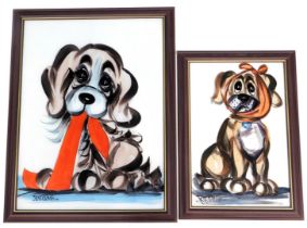 Beccafichi (20thC School). two painted glazed pictures of dogs, signed, 46cm x 29cm, and 60cm x 45cm