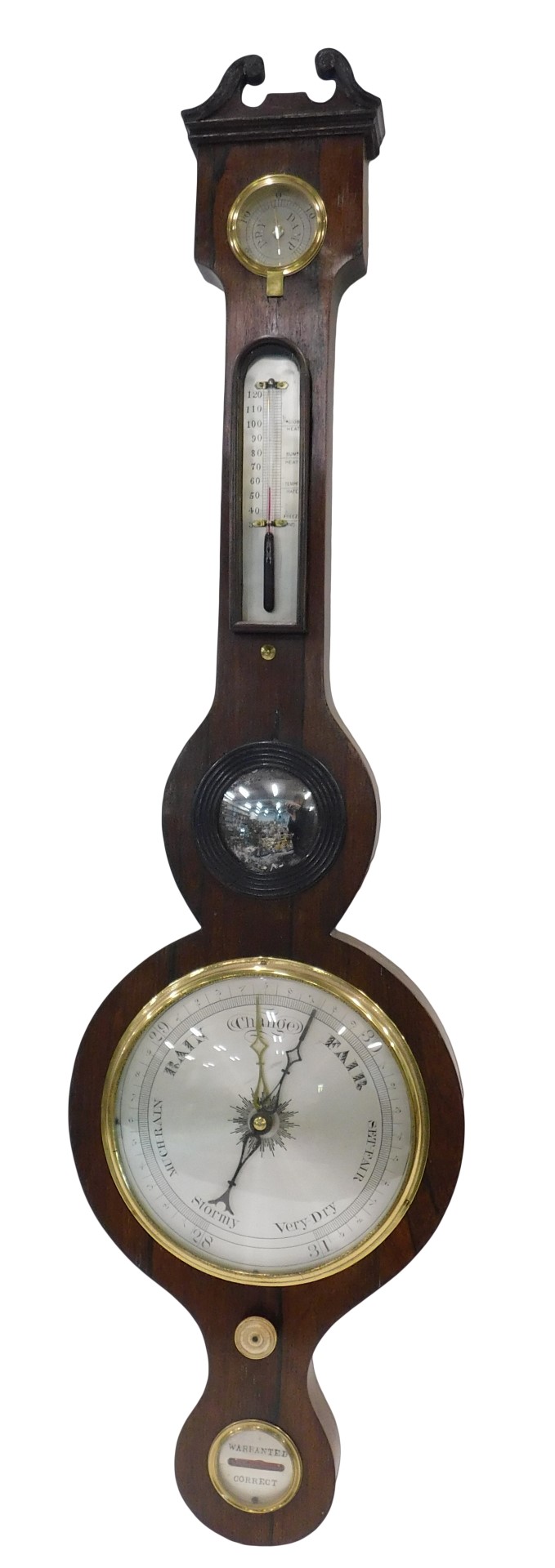 A 19thC barometer, in rosewood case with silvered dial, thermometer, etc., 99cm high.