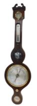 A 19thC barometer, in rosewood case with silvered dial, thermometer, etc., 99cm high.