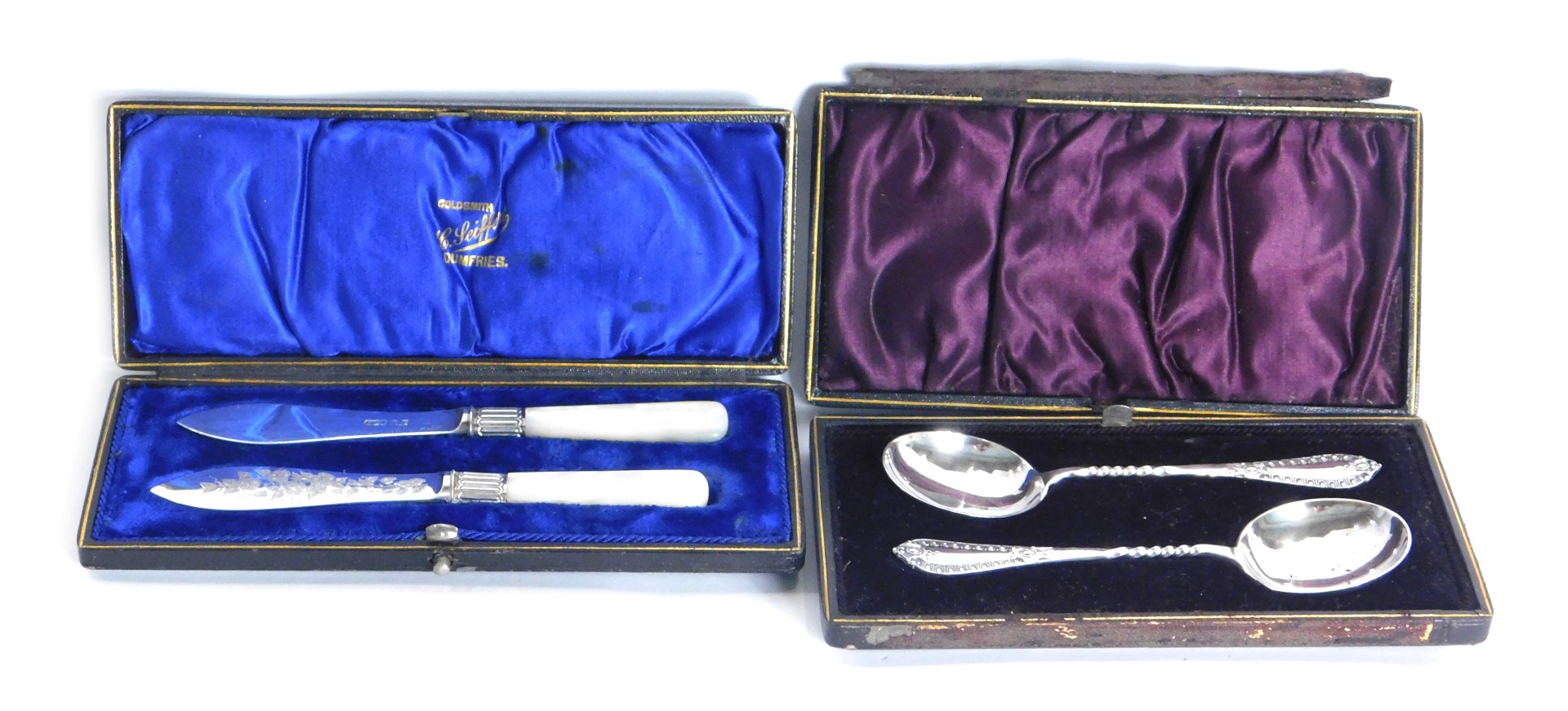 Two presentation sets, comprising a mother of pearl and silver plated knife set, in G Seiffert of Du