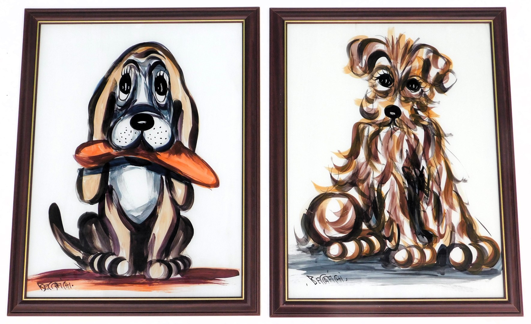 Beccafichi (20thC School). Two dog pictures, painted on glass, signed, 60cm x 45cm, framed. (2)