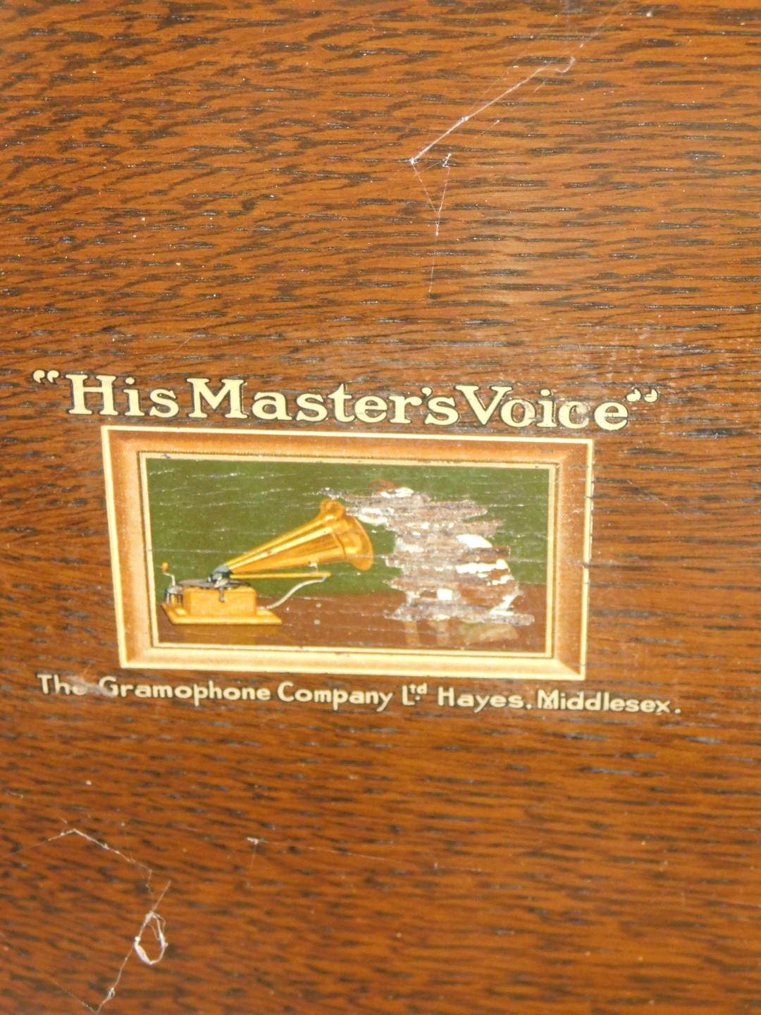 A His Master's Voice table top gramophone, in oak case, 45cm wide. - Image 3 of 4