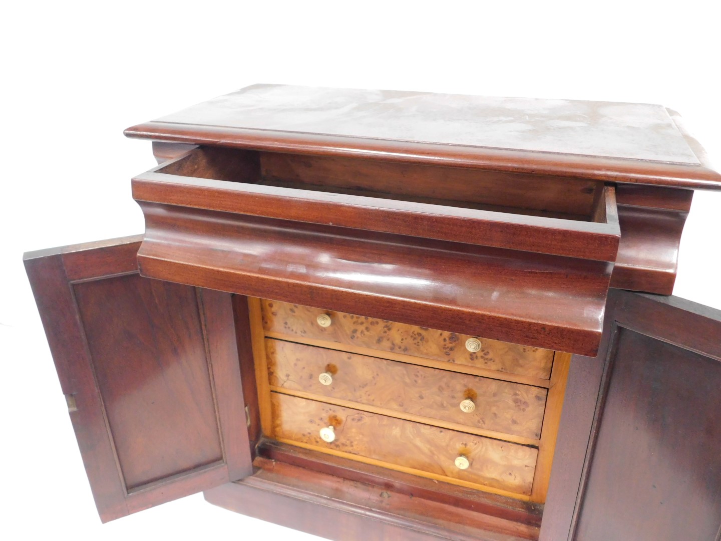A Victorian miniature cabinet, the rectangular top with a moulded edge above a frieze drawer and two - Image 4 of 4