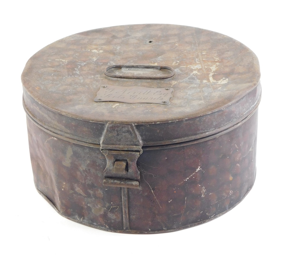 A 19thC military hat box, brass plate inscribed G. Nevill Esq, Scots Guards.