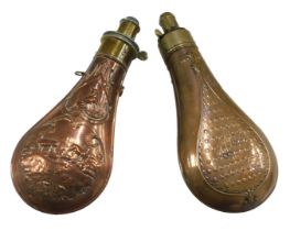 Two 19thC powder flasks, each in copper hammered design, one bearing hunting scene, 20cm and 19cm hi