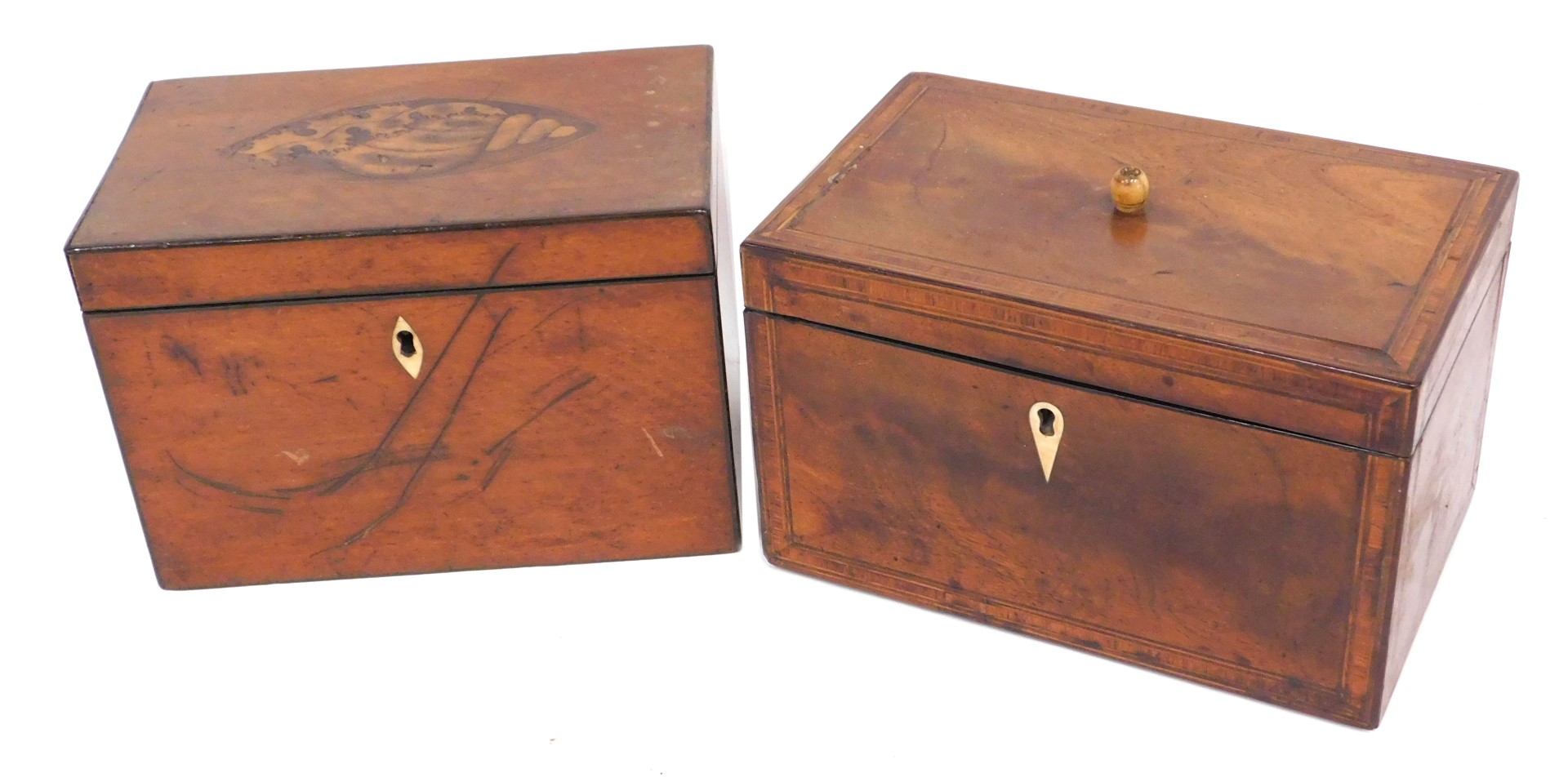 Two 19thC mahogany tea caddies, one with shell inlay and vacant interior, the other with rosewood cr