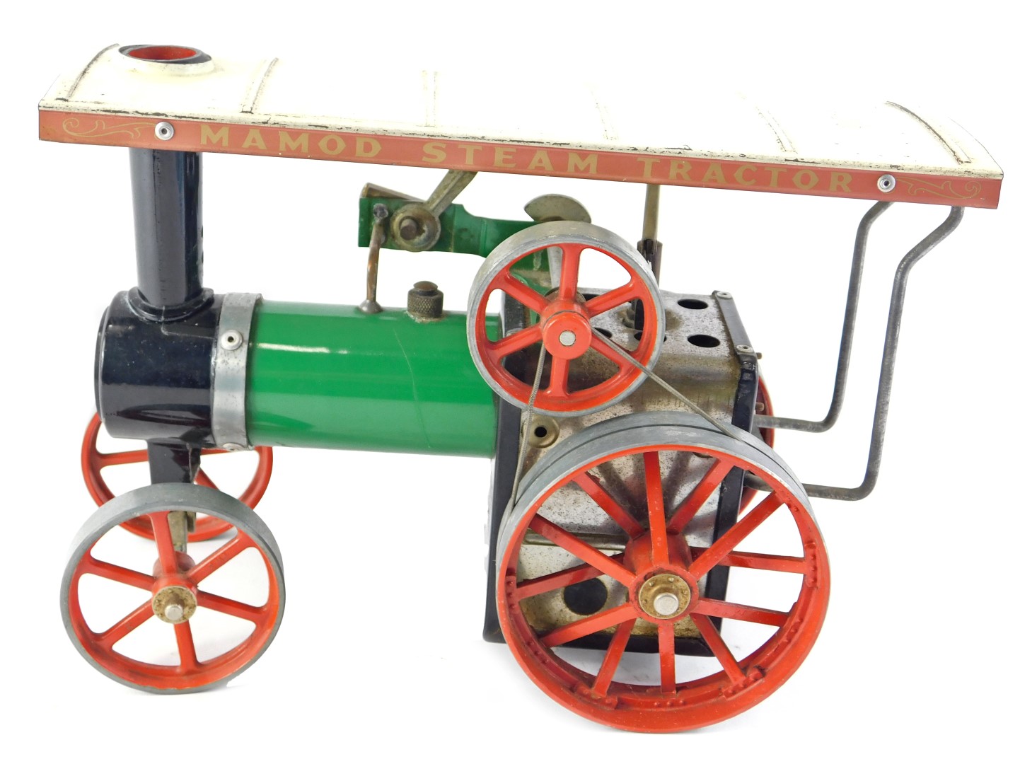 A Mamod miniature steam tractor, in green, red, and black livery, 24cm long.