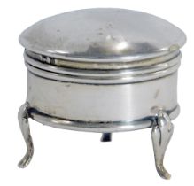 A George V silver ring box, of circular plain design, on tripod feet, with a blue lined interior, Bi