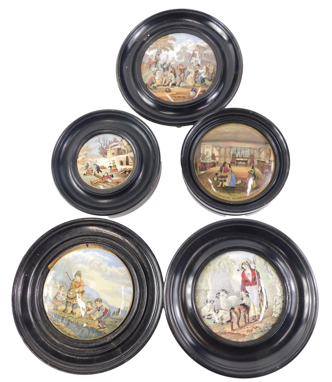 A collection of 19thC Prattware pot lids, to include Room in which Shakespeare was born, etc.