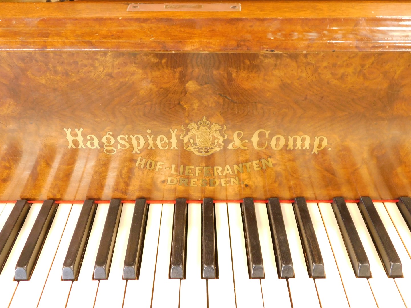 A late Hagspiel and Company Dresden grand piano, in a burr and figured walnut case, simulated ivory - Image 2 of 4
