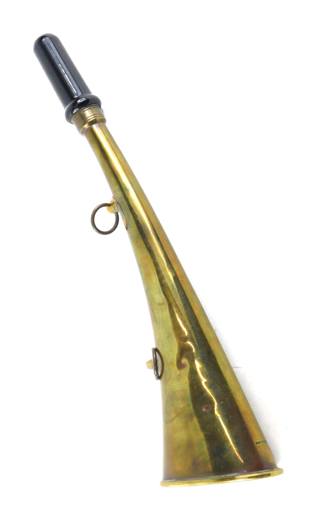 An L.M.S railway brass claxon horn, stamped, 38cm long.