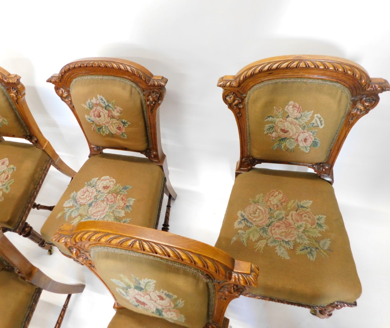 A set of fourteen Victorian elm and burr elm dining chairs, each with an arched gadrooned back with - Image 6 of 7