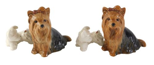 Sylvac dogs, comprising two seated Sylvac Yorkies, 13cm high, and two Beswick Scotties with ladybird