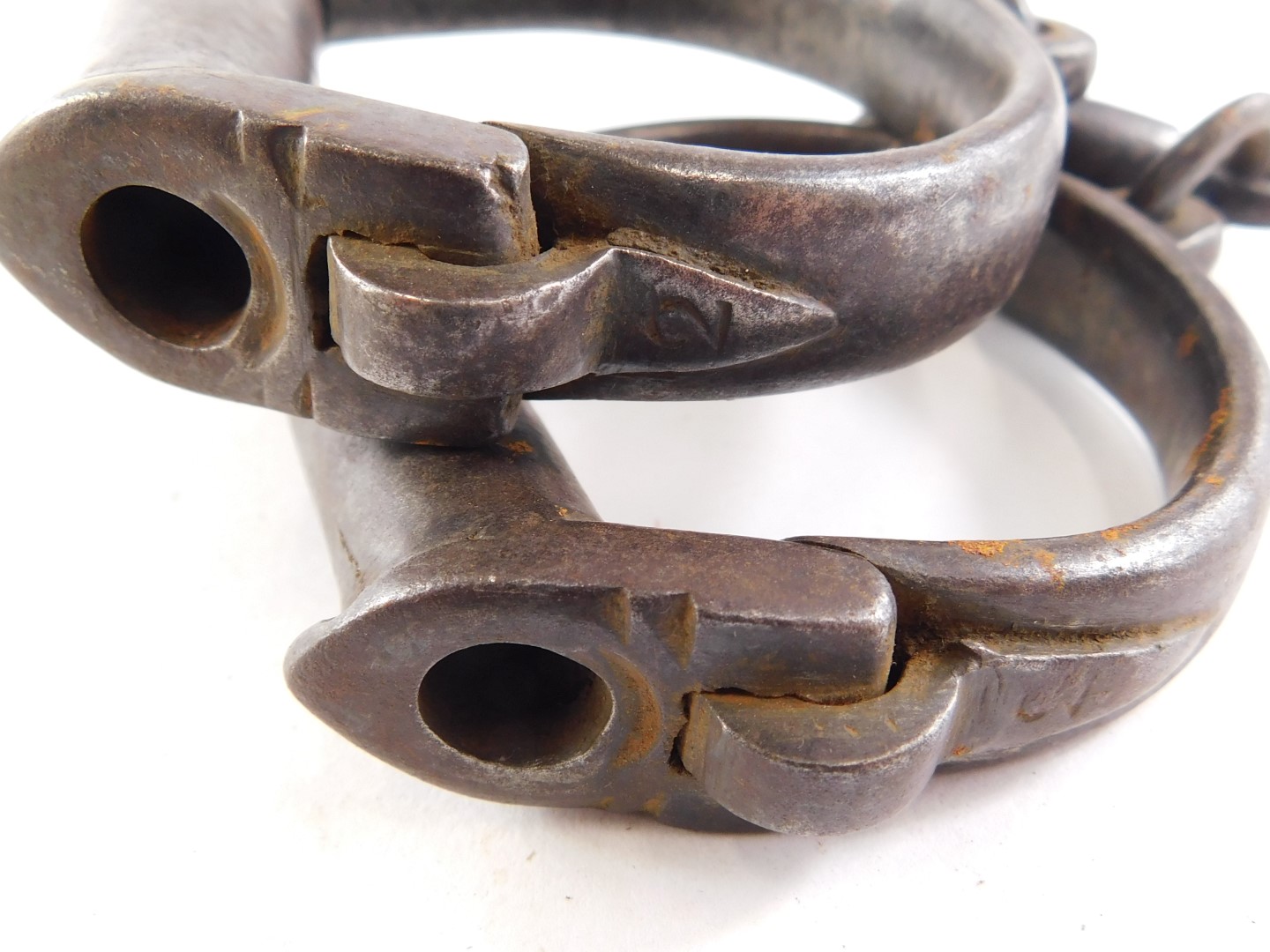 A pair of 19thC Victorian cast iron handcuffs. - Image 2 of 3