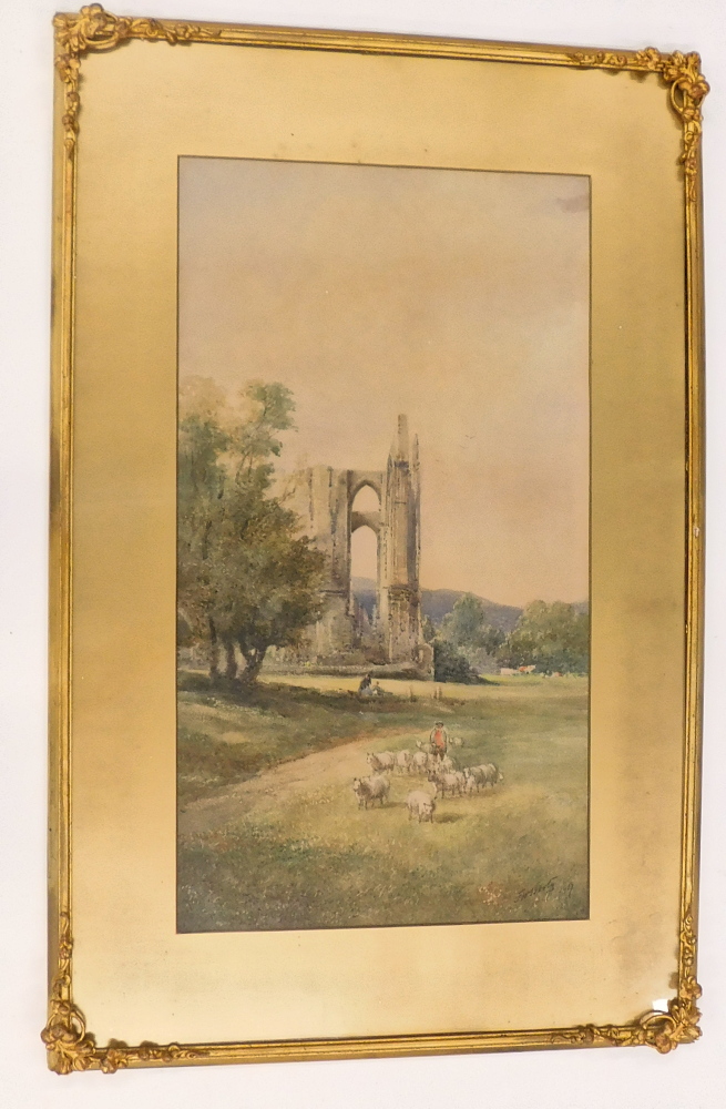 Frederick William Booty (1840-1920). Shepherd and sheep, Abbey ruin, possibly Bolton Abbey, watercol - Image 2 of 4